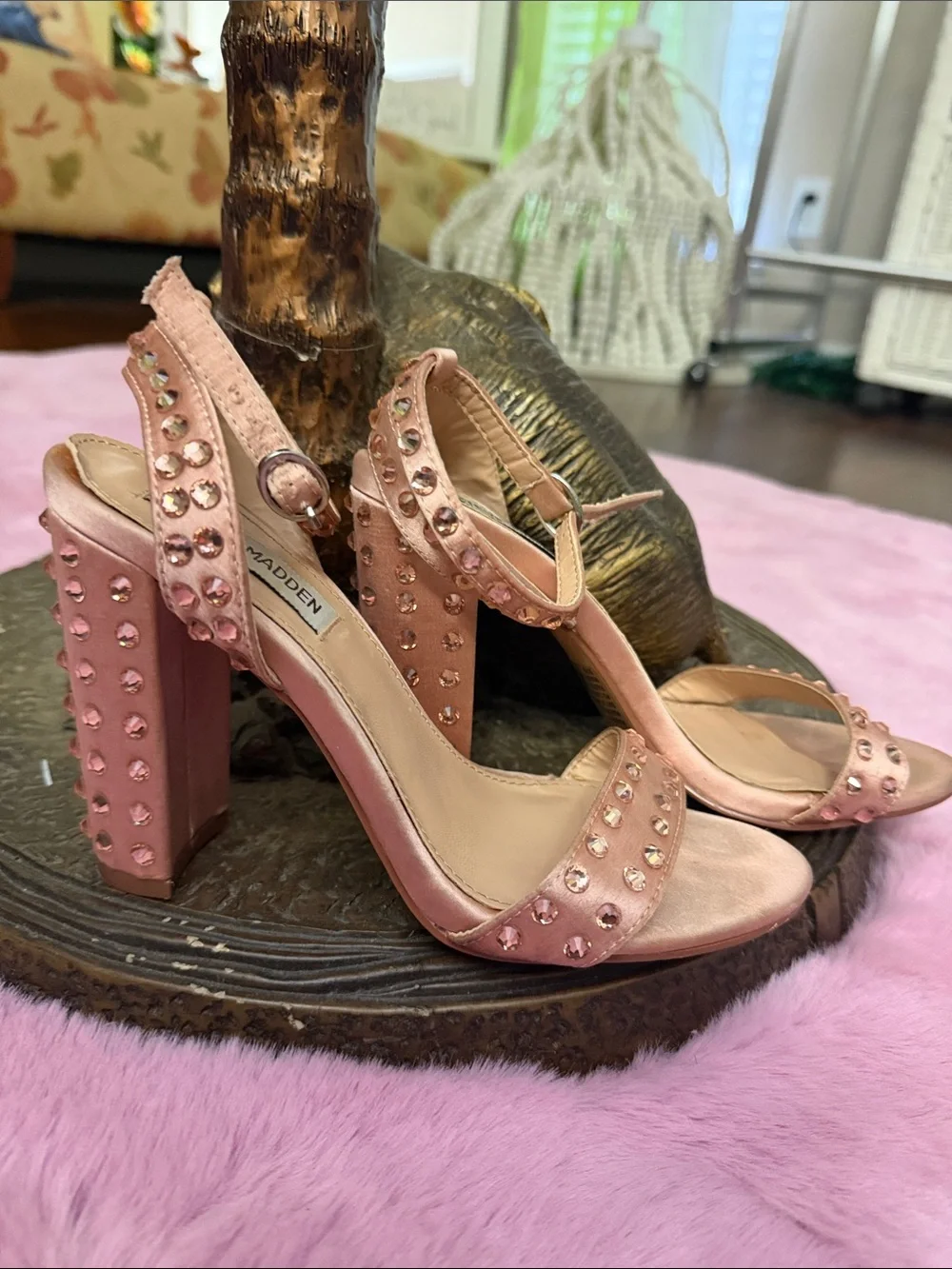 Women's Studded Ankle-Strap Sandals in Rose Gold